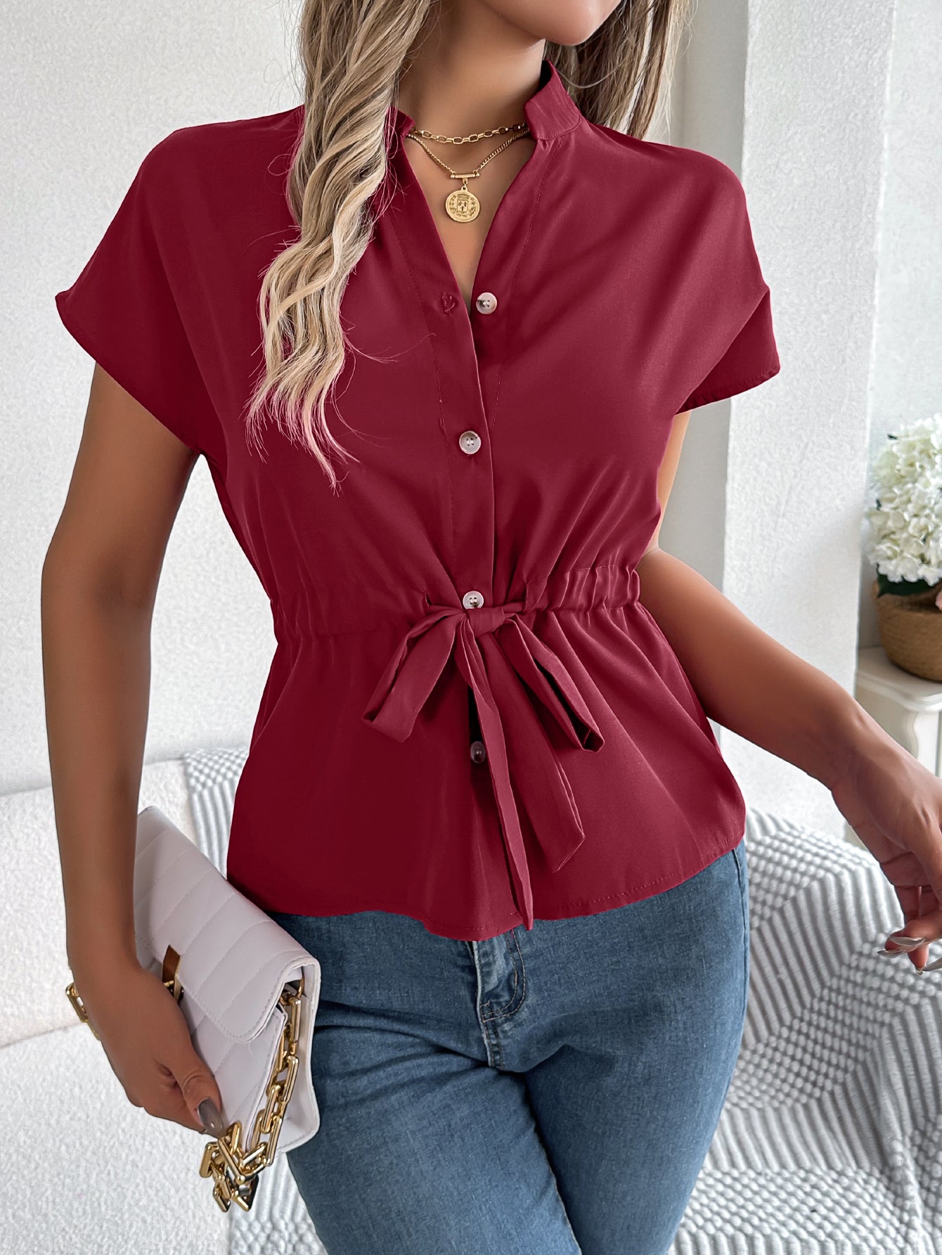 Pullover Short Sleeve Drawstring Waist Style