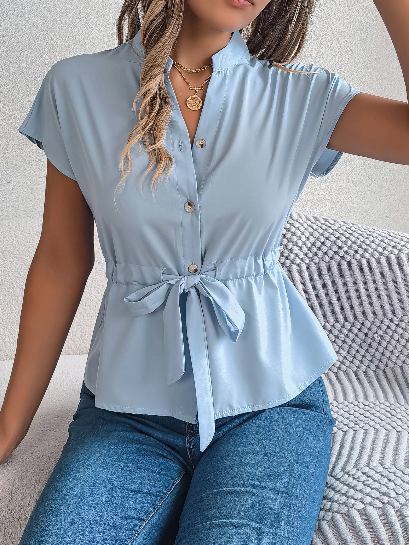 Pullover Short Sleeve Drawstring Waist Style