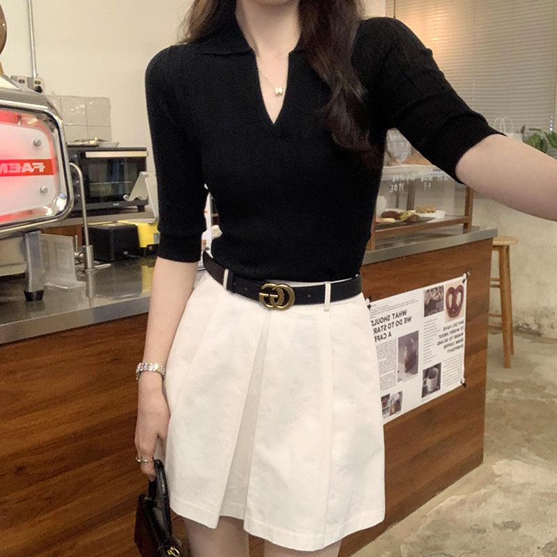 Small Batch Flip Collar Slim Fit Mid‑length Sleeve Knitwear – Premium Lightweight Knit