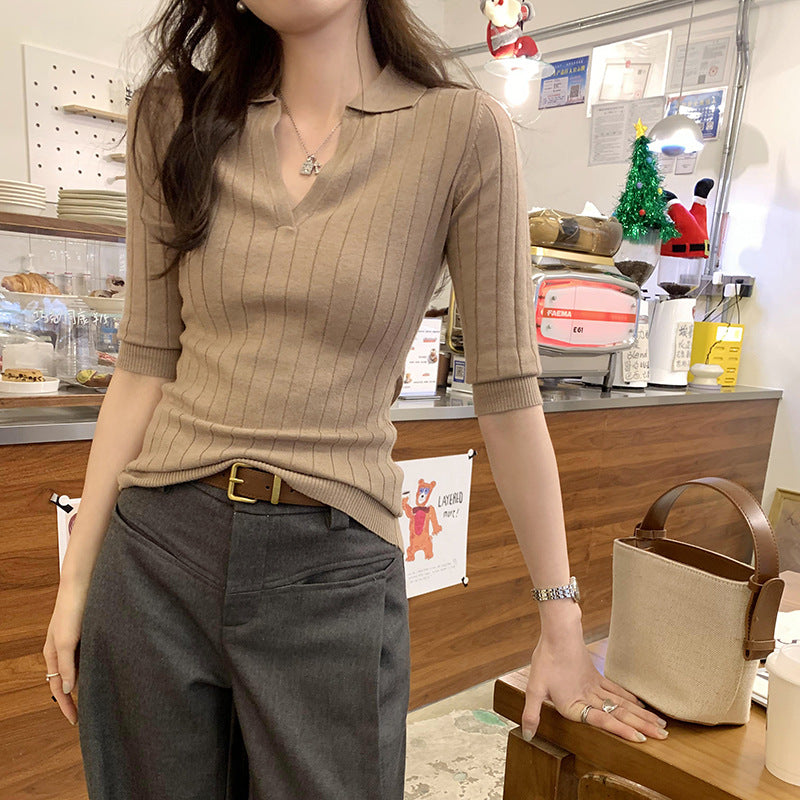 Small Batch Flip Collar Slim Fit Mid‑length Sleeve Knitwear – Premium Lightweight Knit