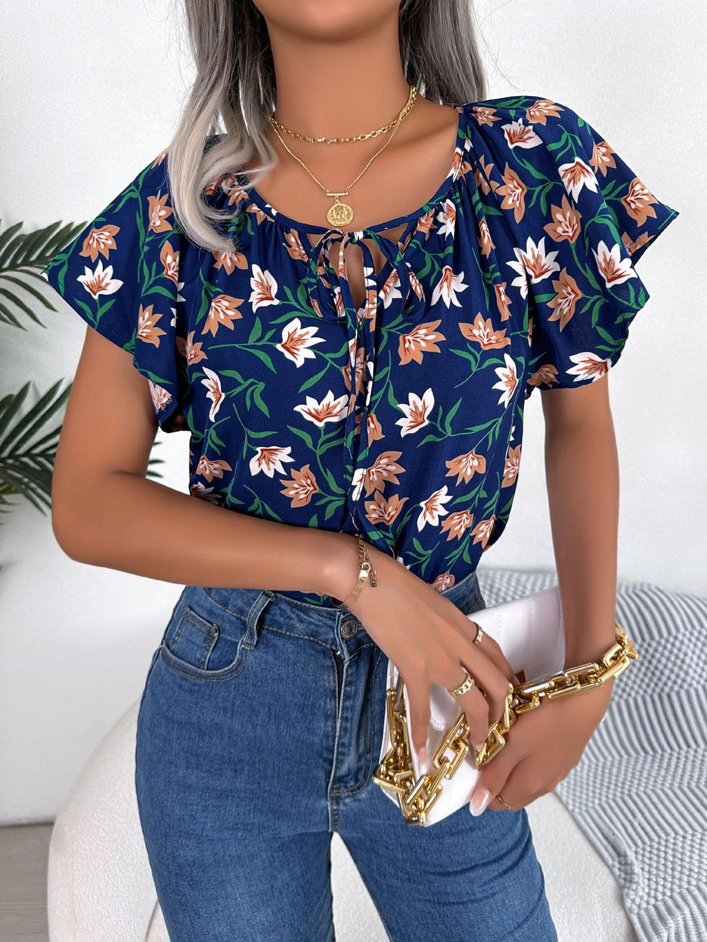 Ruffle Hem Tie Chiffon Blouse