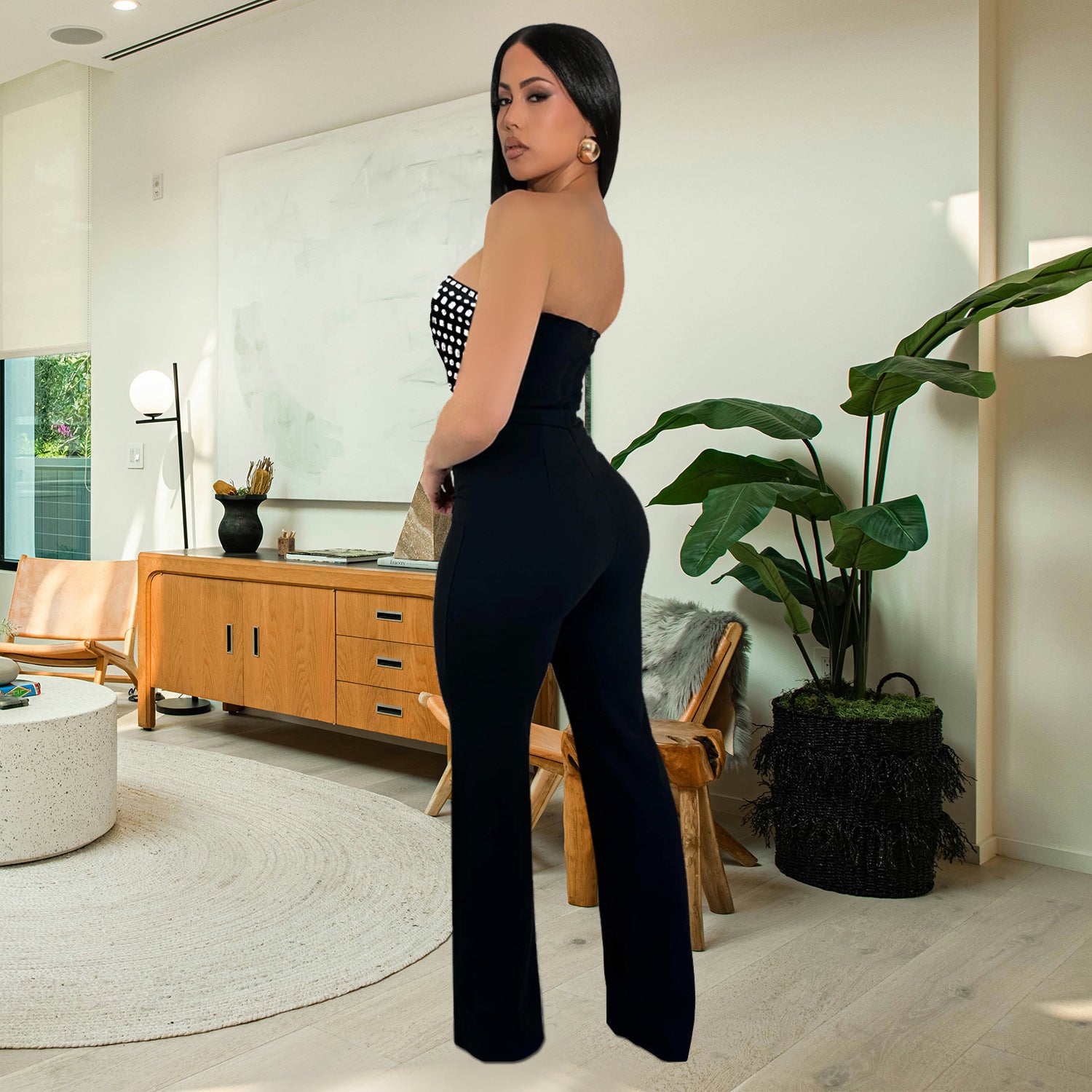 Summer Rhinestone Strapless Slim Fit with Long Pants