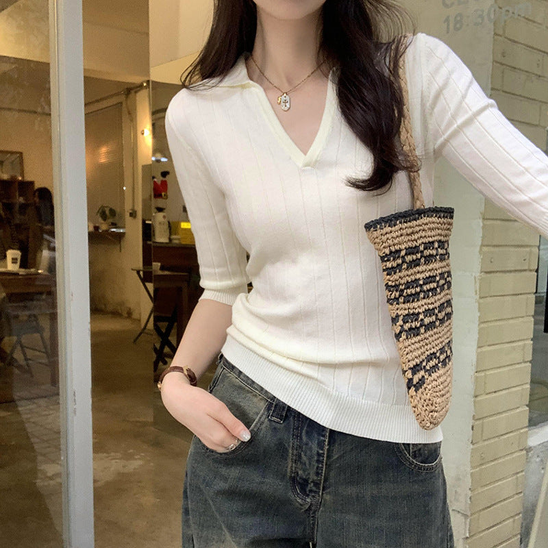 Small Batch Flip Collar Slim Fit Mid‑length Sleeve Knitwear – Premium Lightweight Knit