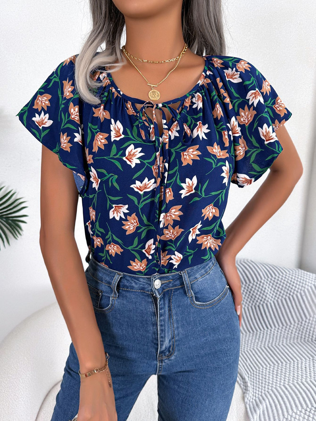 Ruffle Hem Tie Chiffon Blouse