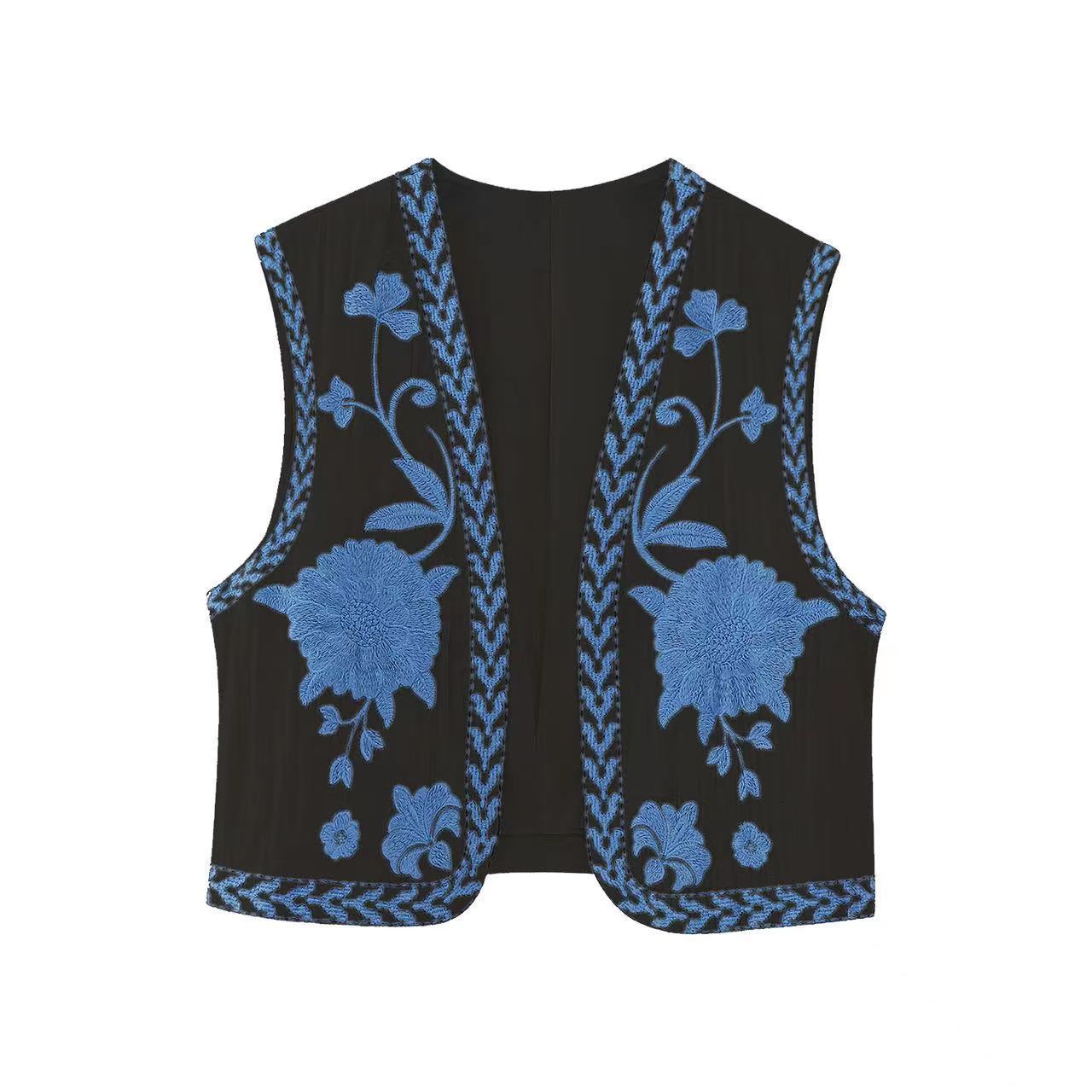 Embroidered Open-Front Vest