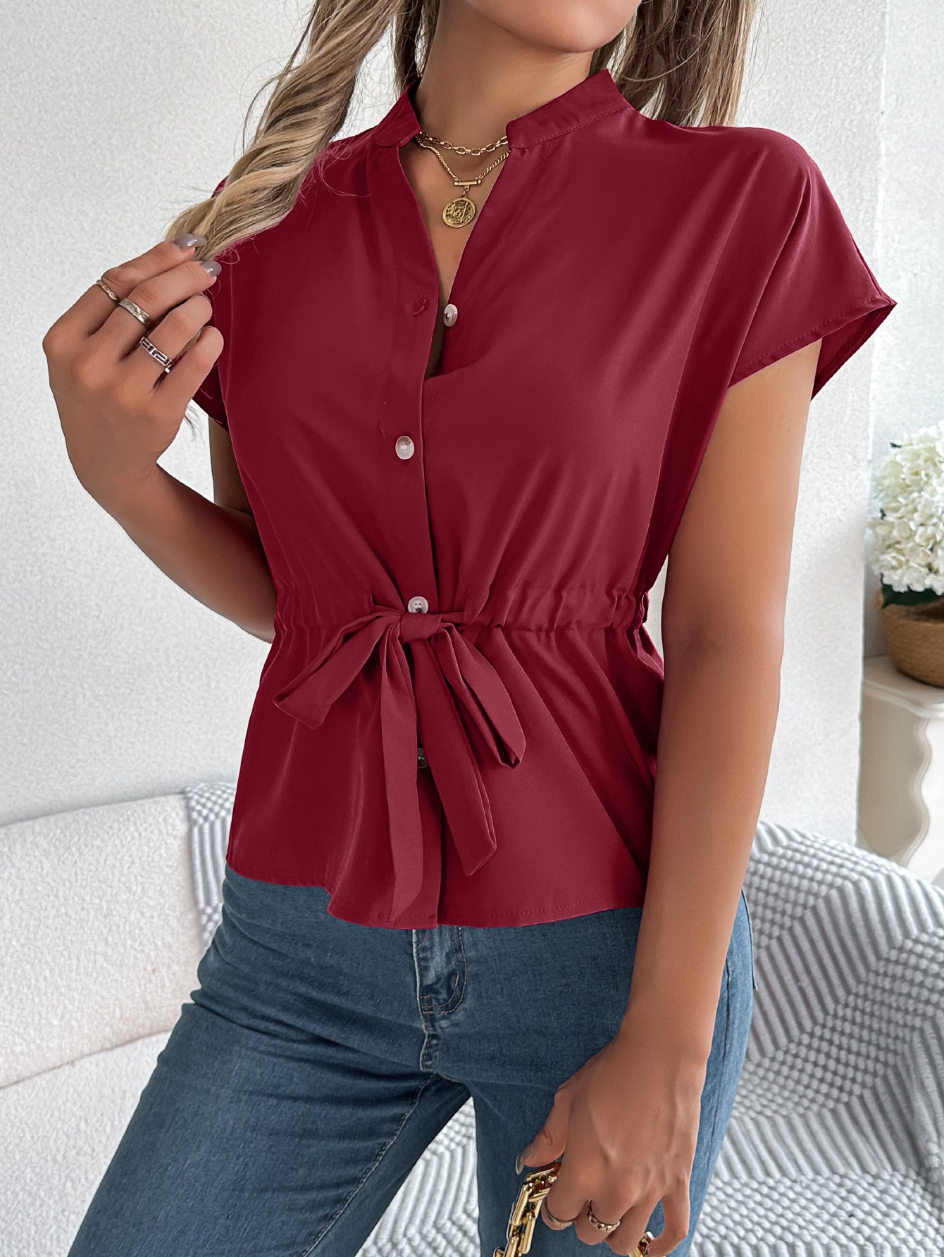 Pullover Short Sleeve Drawstring Waist Style