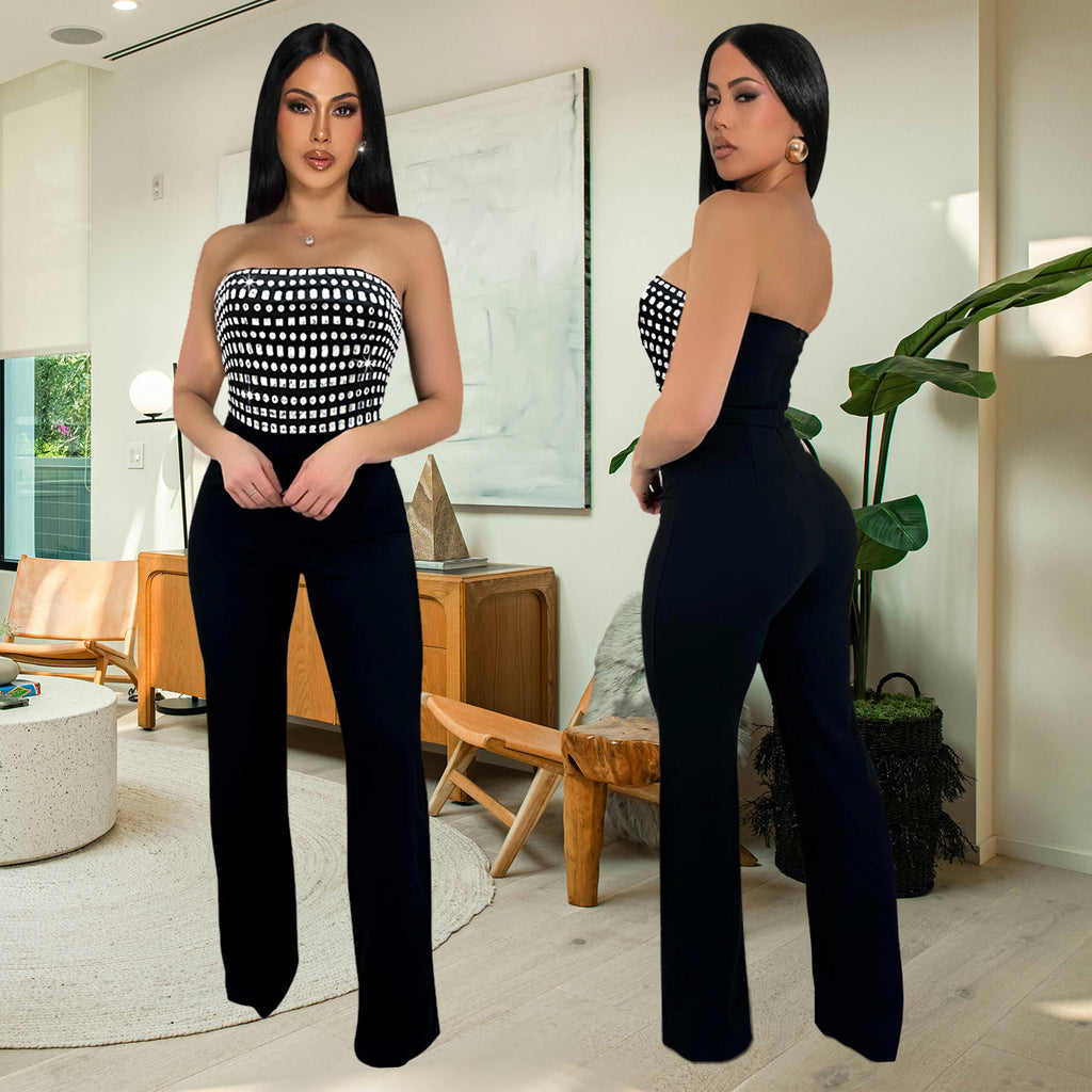Summer Rhinestone Strapless Slim Fit with Long Pants