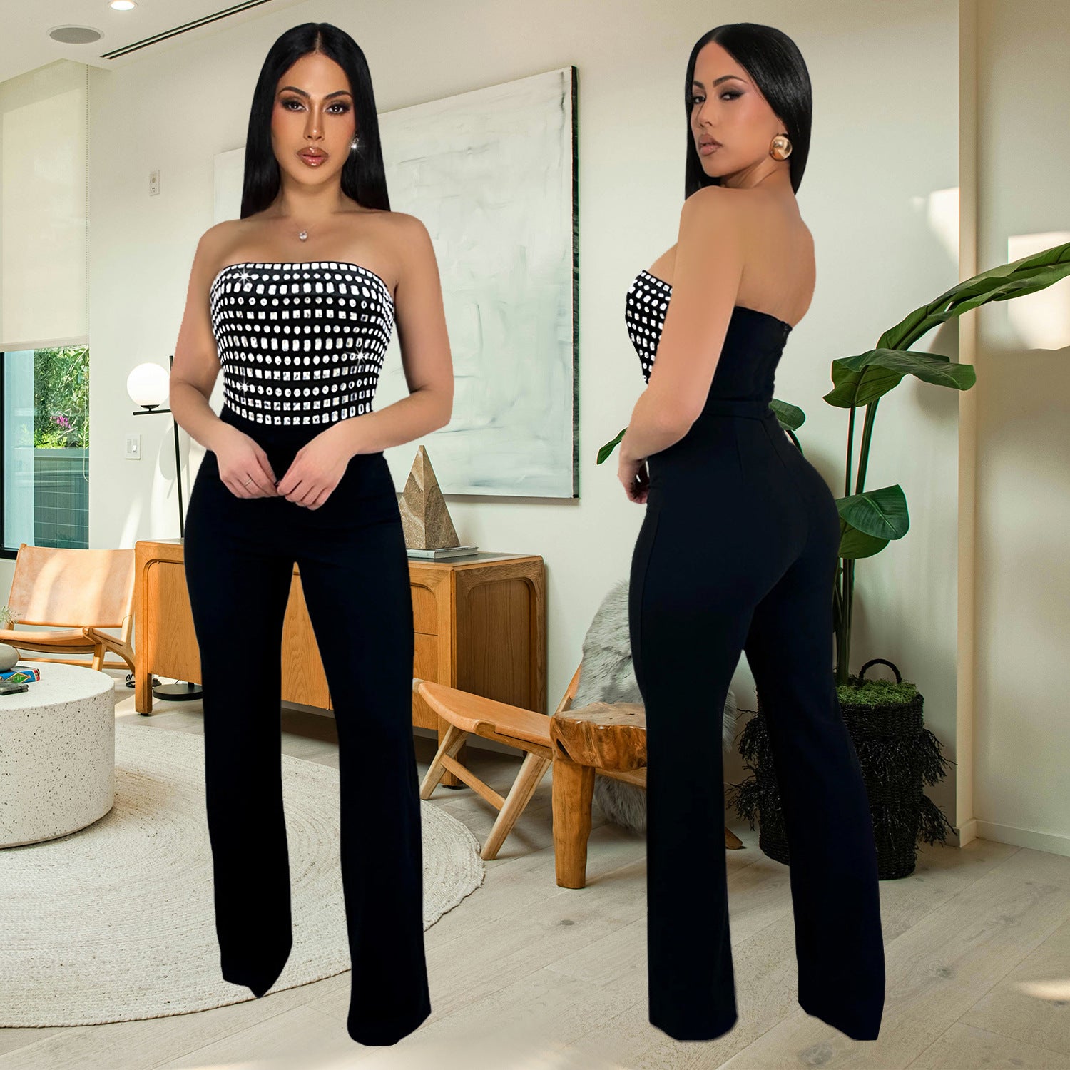 Summer Rhinestone Strapless Slim Fit with Long Pants