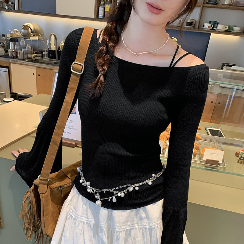 Chic Off-the-Shoulder Flared Sleeve Knit Top for Women