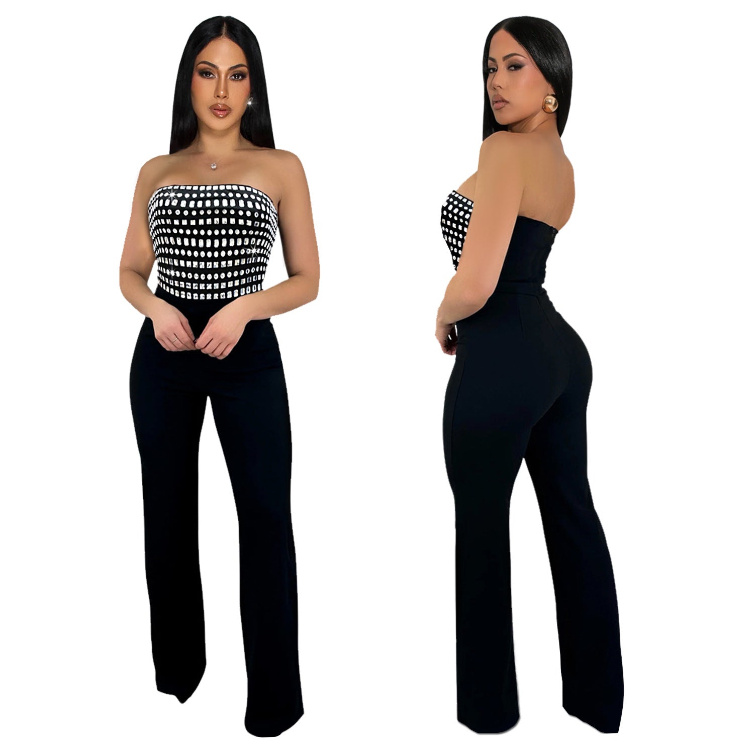 Summer Rhinestone Strapless Slim Fit with Long Pants