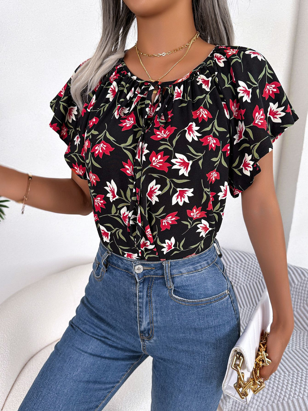Ruffle Hem Tie Chiffon Blouse