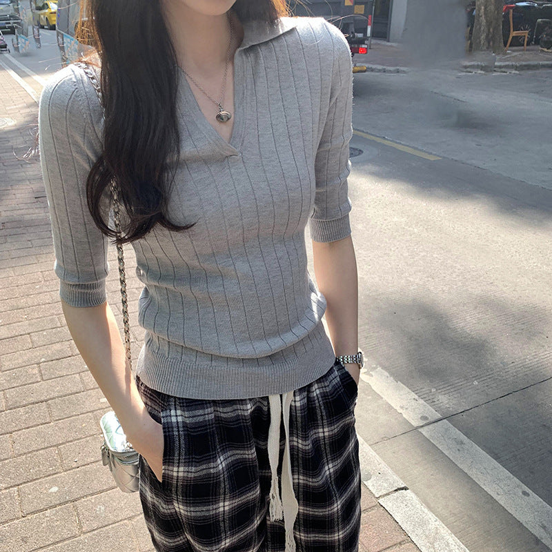 Small Batch Flip Collar Slim Fit Mid‑length Sleeve Knitwear – Premium Lightweight Knit