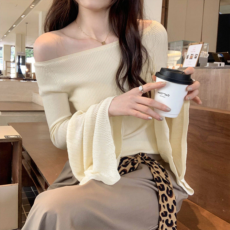 Chic Off-the-Shoulder Flared Sleeve Knit Top for Women