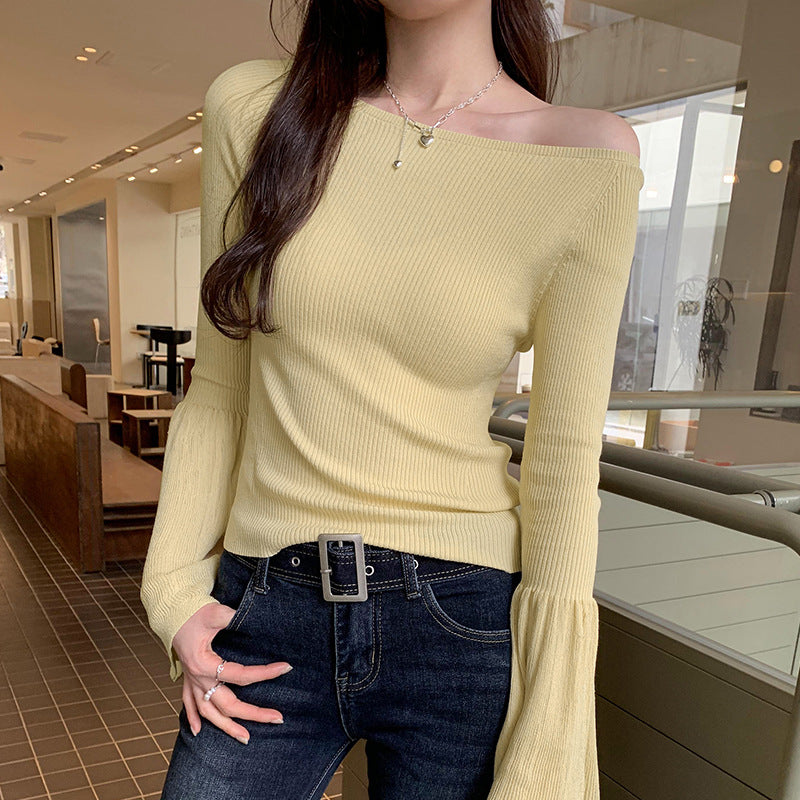 Chic Off-the-Shoulder Flared Sleeve Knit Top for Women