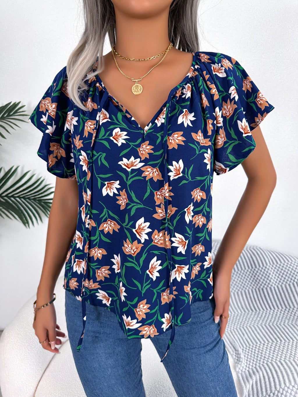 Ruffle Hem Tie Chiffon Blouse