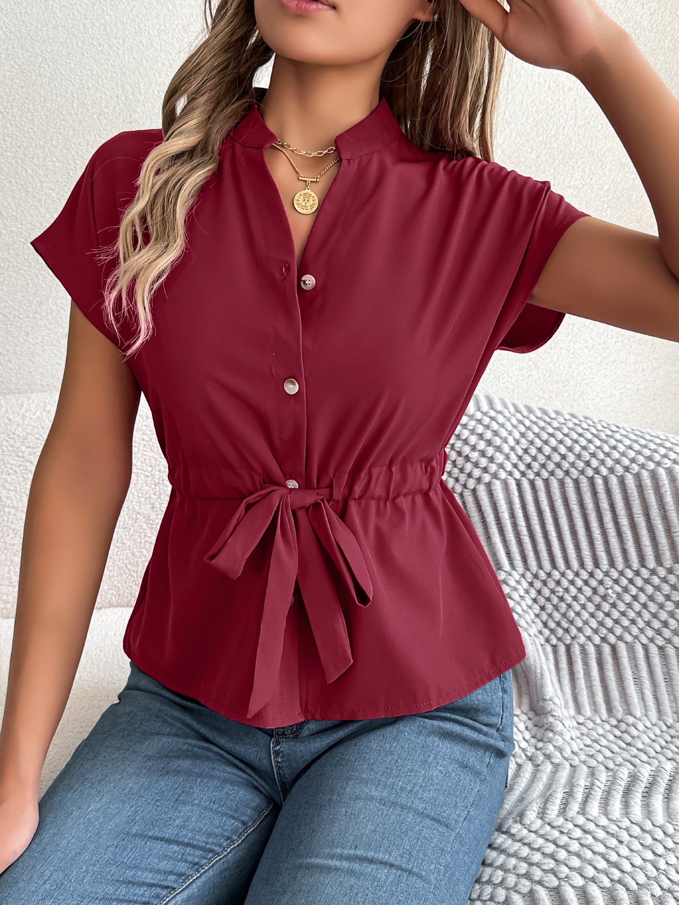 Pullover Short Sleeve Drawstring Waist Style