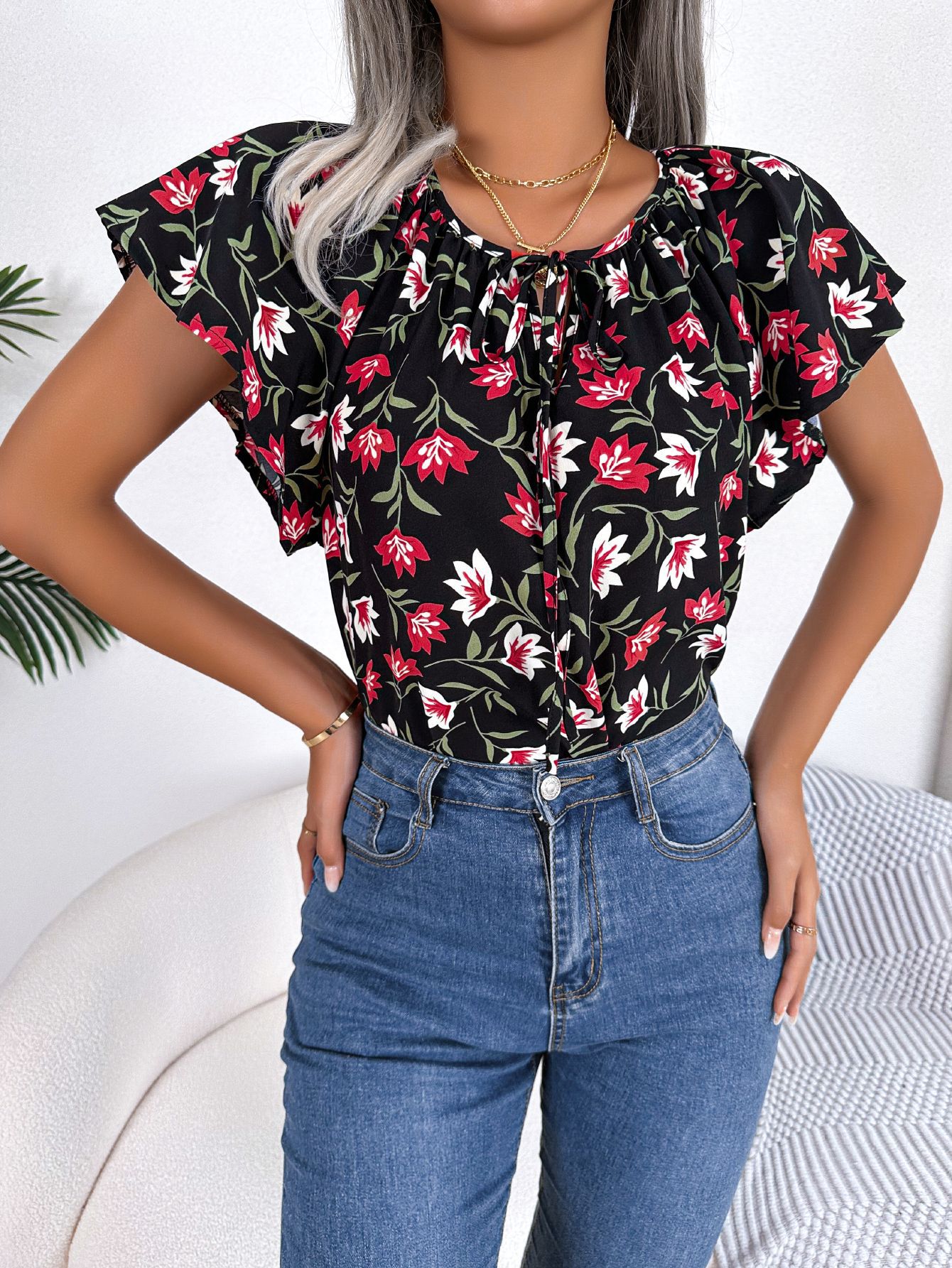 Ruffle Hem Tie Chiffon Blouse