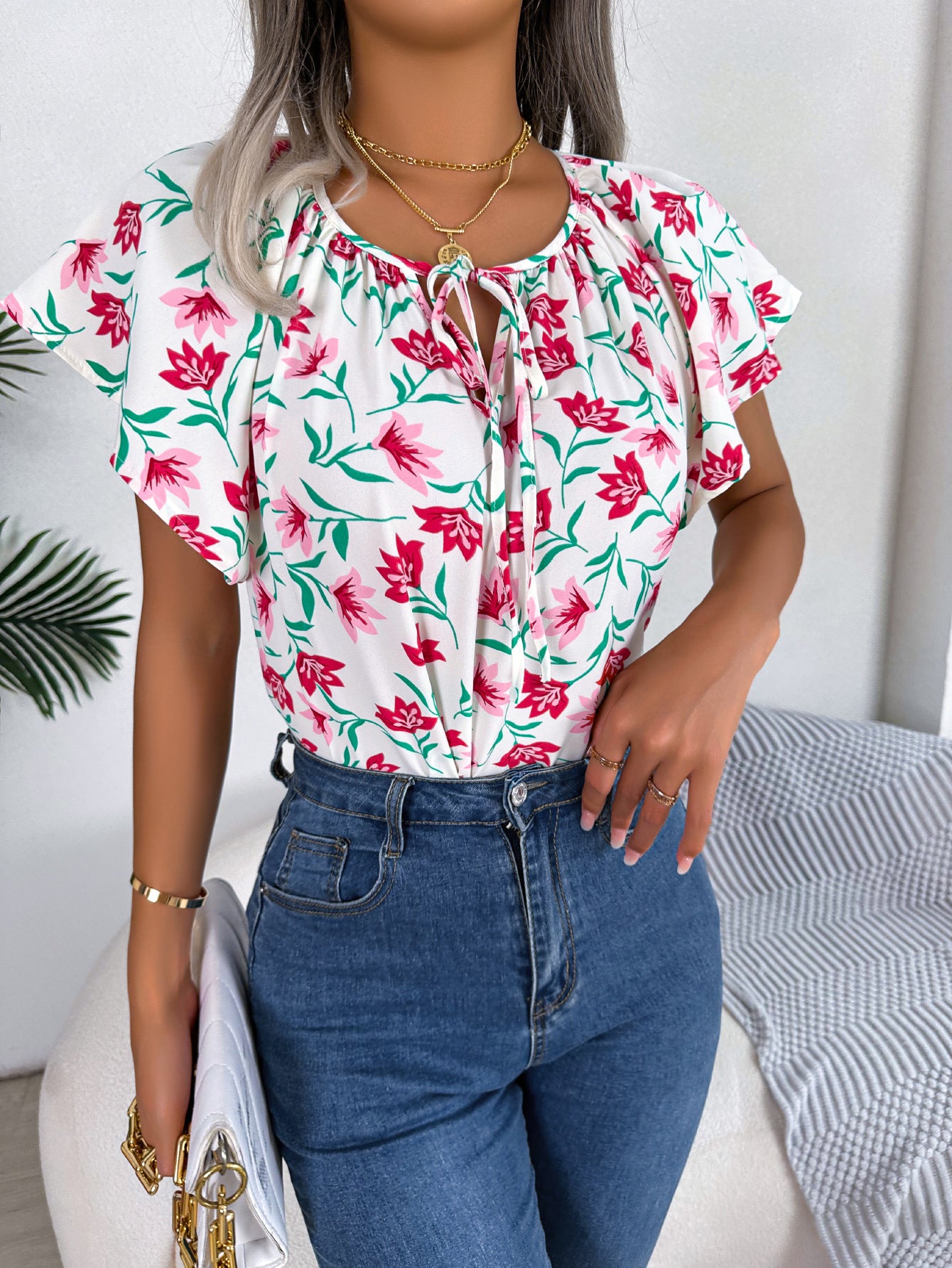 Ruffle Hem Tie Chiffon Blouse
