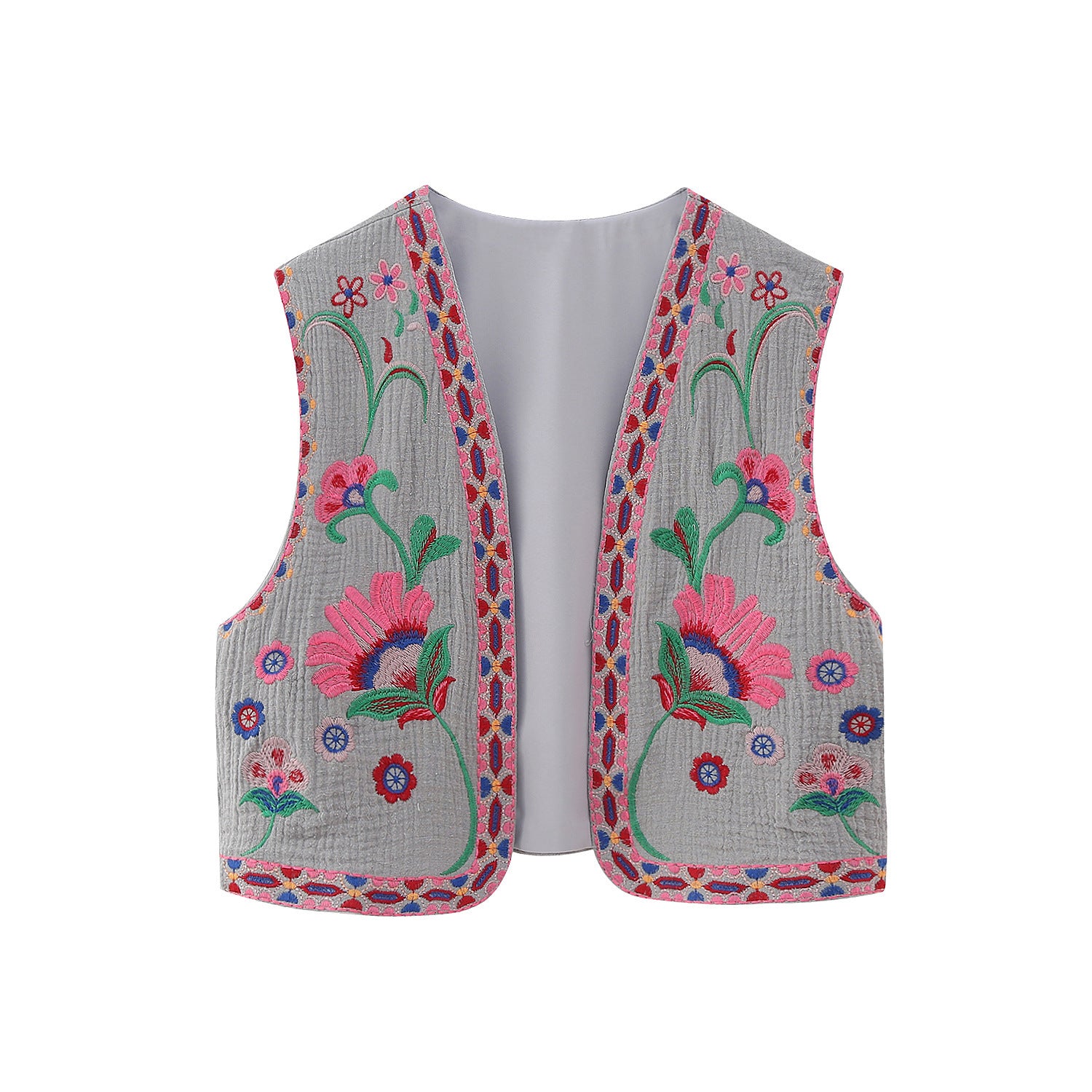 Embroidered Open-Front Vest