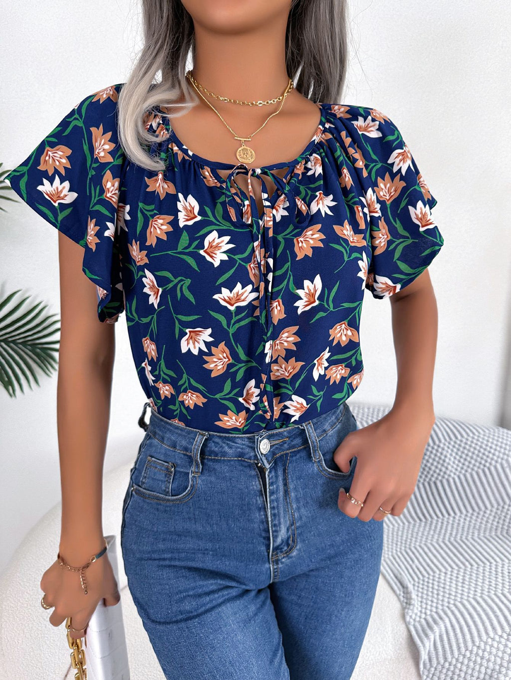 Ruffle Hem Tie Chiffon Blouse