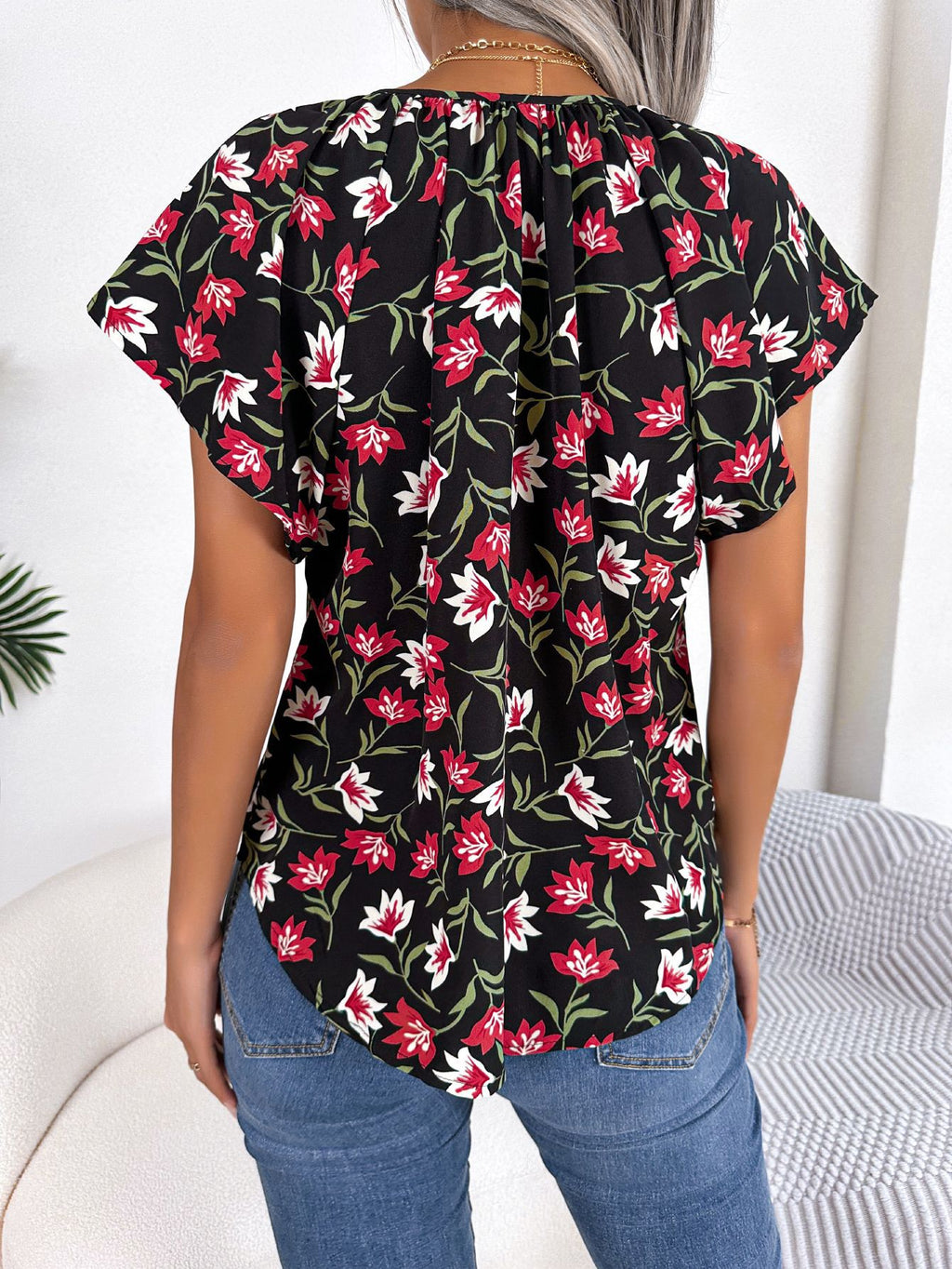 Ruffle Hem Tie Chiffon Blouse